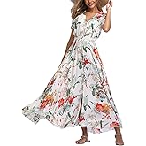 Women's Boho Floral Maxi Dress Summer Button Up Split Flowy Beach Party Dress