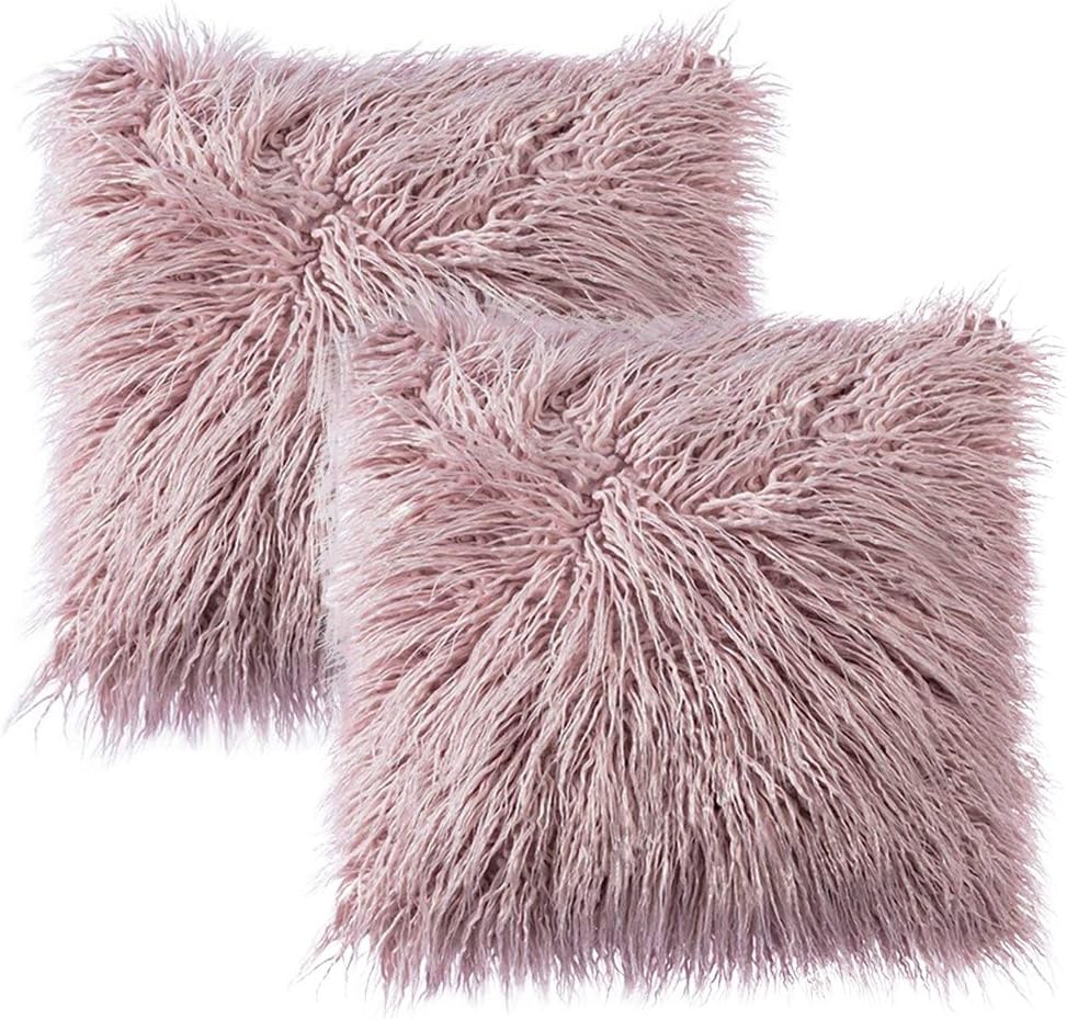 Sungea Faux Fur Pillow Covers, Mongolian Fuzzy Throw Pillow Case, Decorative Cushions Covers for Couch Sofa beds Home Decor, Pack of 2 (18"x 18", Purple)