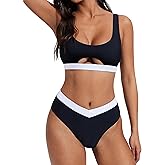 SUUKSESS Women Cutout Color Block Bikini Sets Sexy High Cut 2 Piece Bathing Suit