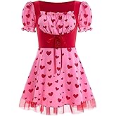 IMEKIS Women Valentines Day Dress Pink Heart Printed Lace Up Milkmaid Dress Cupid Halloween Costume Cosplay Party