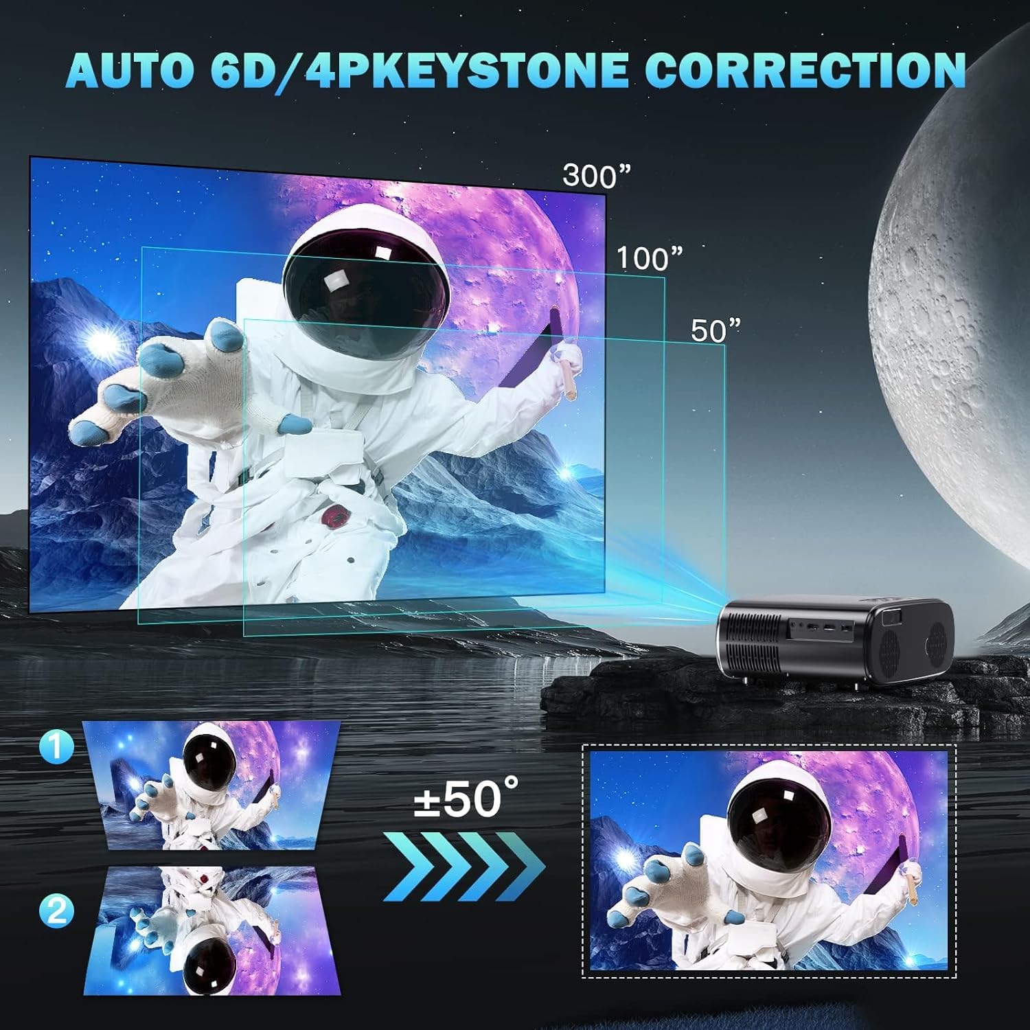 Goiaey Projector with WiFi and Bluetooth, [Auto Focus] 1080P Full HD Projector 4K Supported, Portable Outdoor Movie Projector, Auto 6D Keystone & 50%-100% Zoom, Smart Projector for Phone/PC/TV Stick