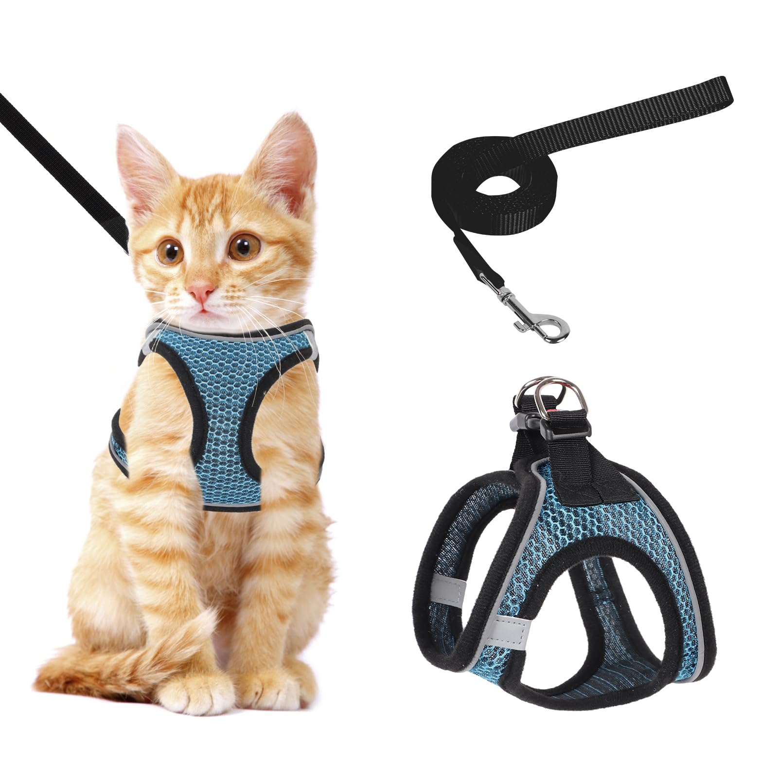 NiCoLa Cat Harness and Lead for Walking, Escape Proof kitten harness and lead set with Reflective Strip, Adjustable Kitten Vest Harness for Small Adult Cat Walking (Blue, S)