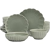 Gibson Elite Malibu Shore 16 Piece Scallop Stoneware Reactive Glaze (Service for 4) Ceramic Plates and Bowls Dinnerware Set - Green