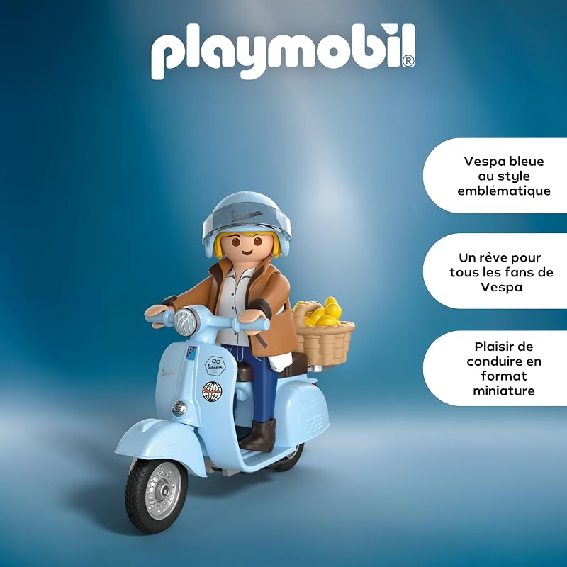 | Voitures | 80 Ans de Vespa : Style Iconique | Vespa Anniversaire Bleu Clair avec Figurine Tendance, Panier et Planche d’Autocollants | pour Les Enfants à partir de 5 Ans | 72284