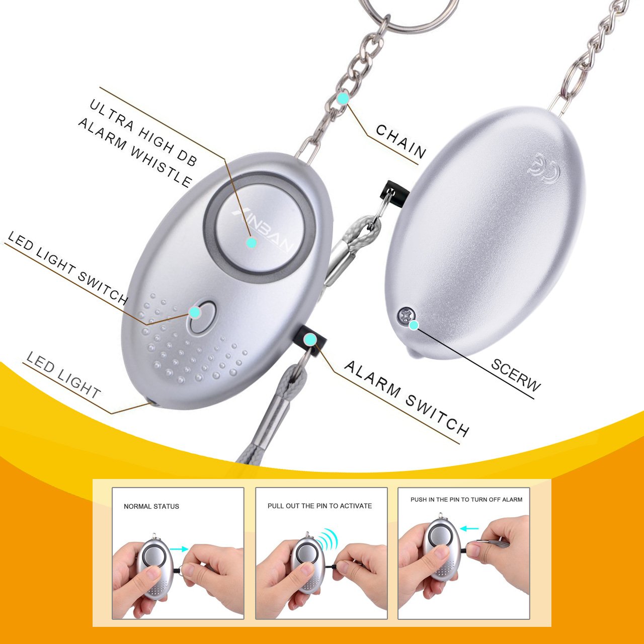 Persönlicher Schlüsselalarm Personenalarm 140dB für Frauen Panikalarm Schlüsselanhänger Sirene, mit LED Fackel(1er Silber)