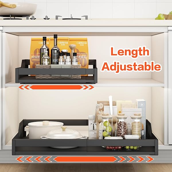 WONCHERRY EXPANDABLE PULL OUT CABINET ORGANIZER, ADJUSTABLE(13″-21.7″W X16.9″D) SLIDING DRAWER ORGANIZER, NO SCREW/PUNCH SLIDE OUT UNDER SINK CABINET STORAGE SHELF FOR KITCHEN PANTRY HOME, BLACK 1PACK