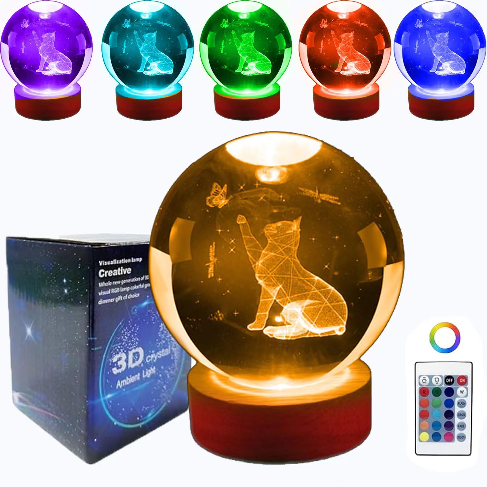Galaxy Light, 3.15 Inch 3D Solar System Crystal Ball Night Light, 16 Color Change Galaxy Glass Ball Space Lamp with Remote Control LED Wooden Base, Astronomy Gifts for Kids, Boys Girls (Cat)