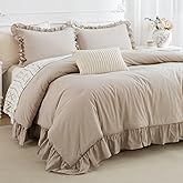CozyTide Farmhouse King Size Comforter Set,Cotton Shabby Boho Chic Bedding Ruffled Linen Feel Textured King Comforter Vintage Rustic French Country Bedding Sets 3 Pieces