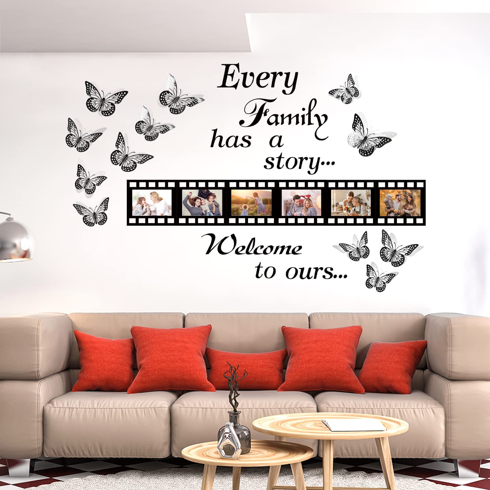 Every Family Has a Story Wall Stickers, 12pcs 3D Butterfly Wall Stickers Family Inspirational Wall Decals with 6pcs 7x8in Picture Frame, ToyaJeco Family Lettering Quote Decals for Living Room Bedroom