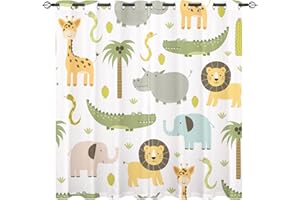 YUANZU Animal Curtains W52 x L84 Inch Grommet Thermal Insulated Blackout Window Drapes Safari Hippo Crocodile Lion Elephant Giraffe Woodland Zoo Pattern for Kids Boys Girls Nursery Bedroom 2 Panels