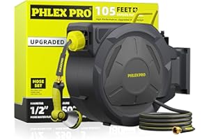 PHLEX PRO Retractable Garden Hose Reel 105FT, 1/2 inch Wall Mounted Hose Reel with Full Brass Fittings, 10 Patterns Spray Nozzle, Any Length Lock, 180° Automatic Rewind