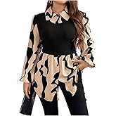 OYOANGLE Women's Plus Size Graphic Print Lantern Long Sleeve Blouses Button Front Collared Peplum Tops