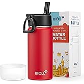 Mollcity 16 oz Water Bottle for Kids-Stainless Steel Double Wall Vacuum Insulated Sports Water Bottles for School, Metal Leak-Proof Water Flask with Straw for Travel (Canyon Red)