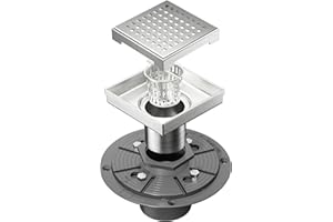 Neodrain 4-Inch Square Shower Drain with Removable Quadrato Pattern Grate,PVC Shower Drain Base and Rubber Gasket for Bathroom Floor Drain, Brushed 304 Stainless Steel, Includes Hair Strainer