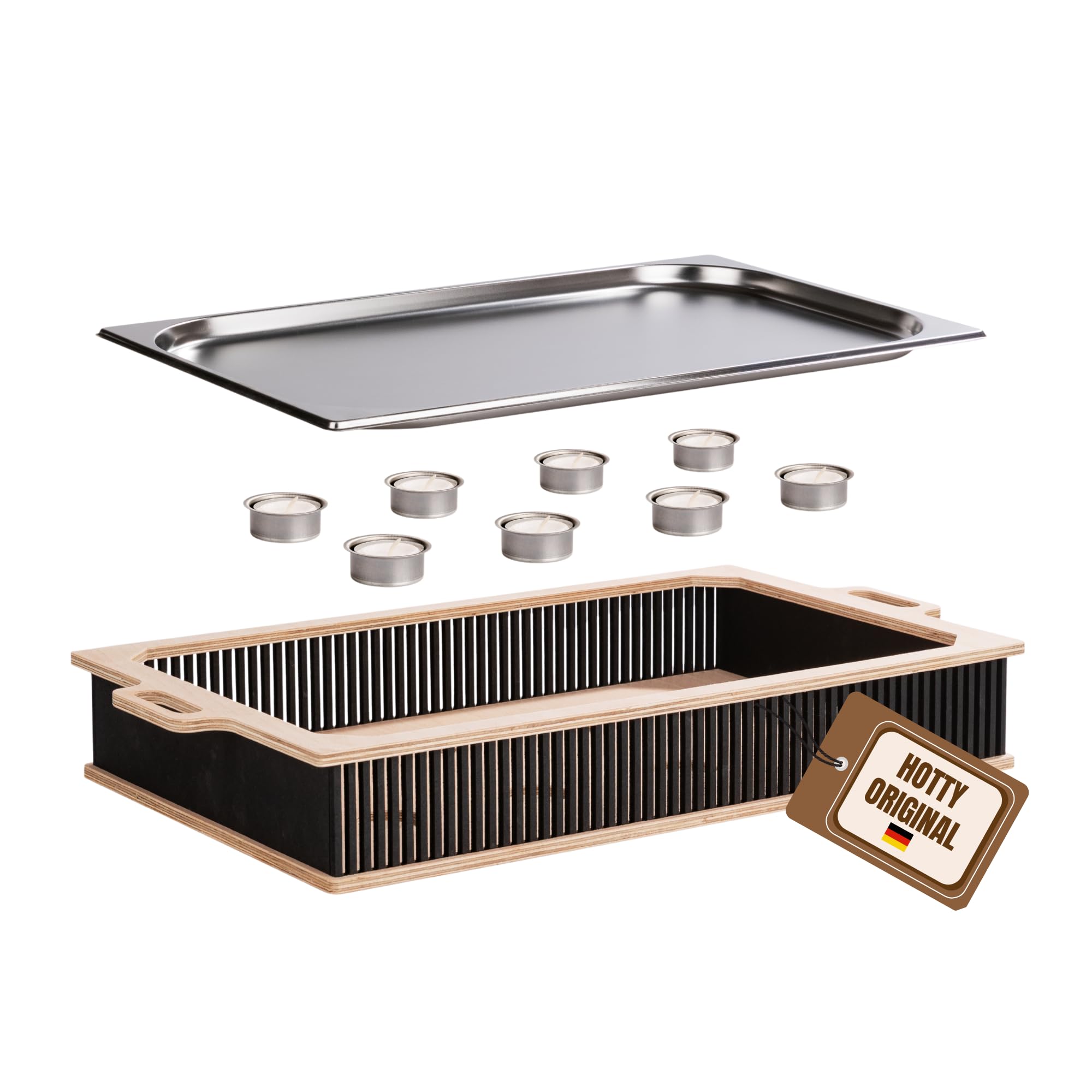INEXTERIOR Hotty Legacy – Warmhalteplatte fürs Grillen - Grillgut Stövchen mit BBQ-Design – Speisenwärmer – Warmhaltebehälter mit Kerzen - BBQ-Board Grillparty (Schwarz, XL)