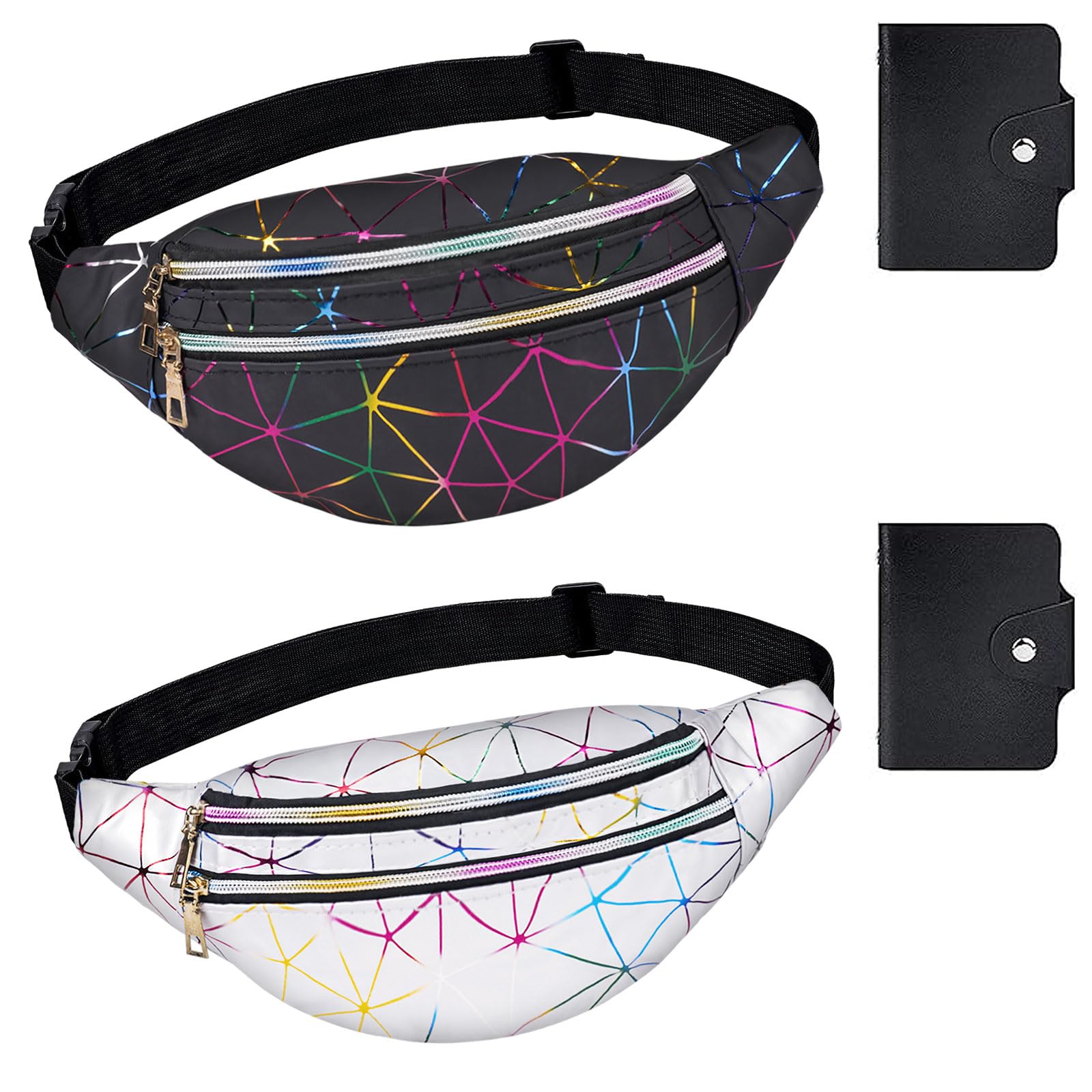 flintronic Waist Bag, 2Pack Holographic Fanny Pack with PU Leather, Shiny Belt Bag Festival Rave Bumbags for Ladies Travel Party Sports Running Hiking - Black & White (Business Card Holders Include)