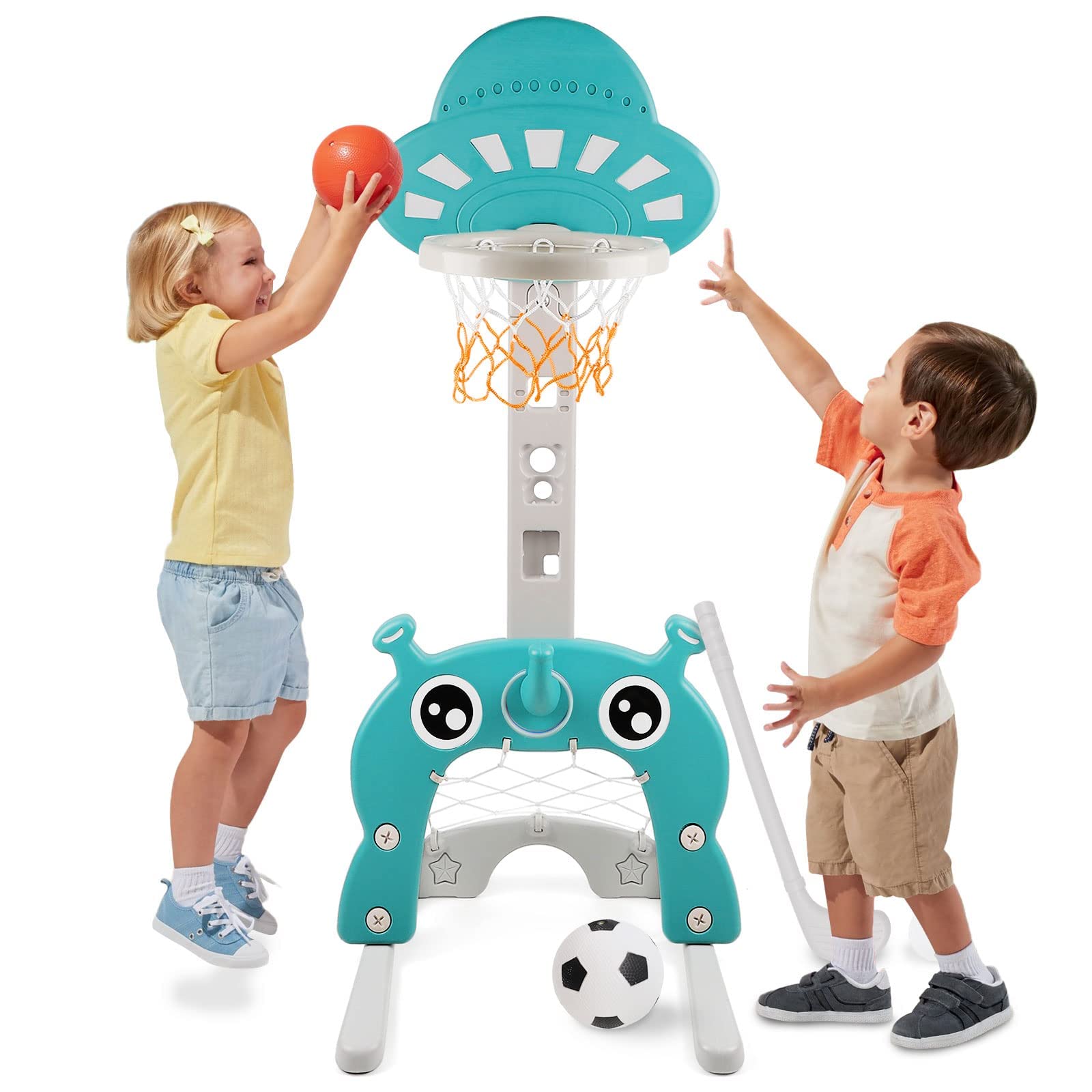 NUKied Basketball Hoop for Kids 4 in 1 Sports Activity Center Grow-to-Pro Adjustable Easy Score Basketball Hoop Football/Soccer Goal Golf Game Ring Toss Best Gift for Kids Baby Infant Toddler