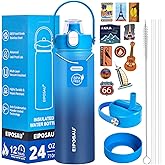 Insulated Water Bottle with Lid & Boot & Stickers, 24 oz Stainless Steel Sweat Free Bottle Keep Cold 24H, BPA-Free Sports Wide Mouth Water Bottle, Blue Gradient