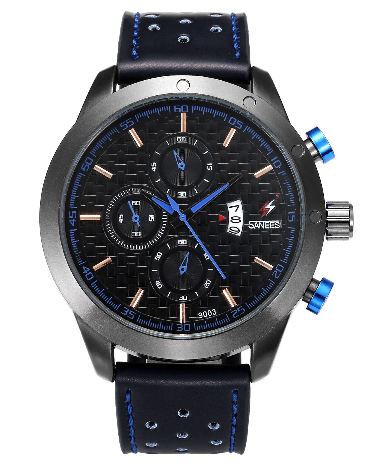 JSDDE Mens Sports Watch 3ATM Waterproof Analog Quartz All Black Leather Strap Calendar Date Window