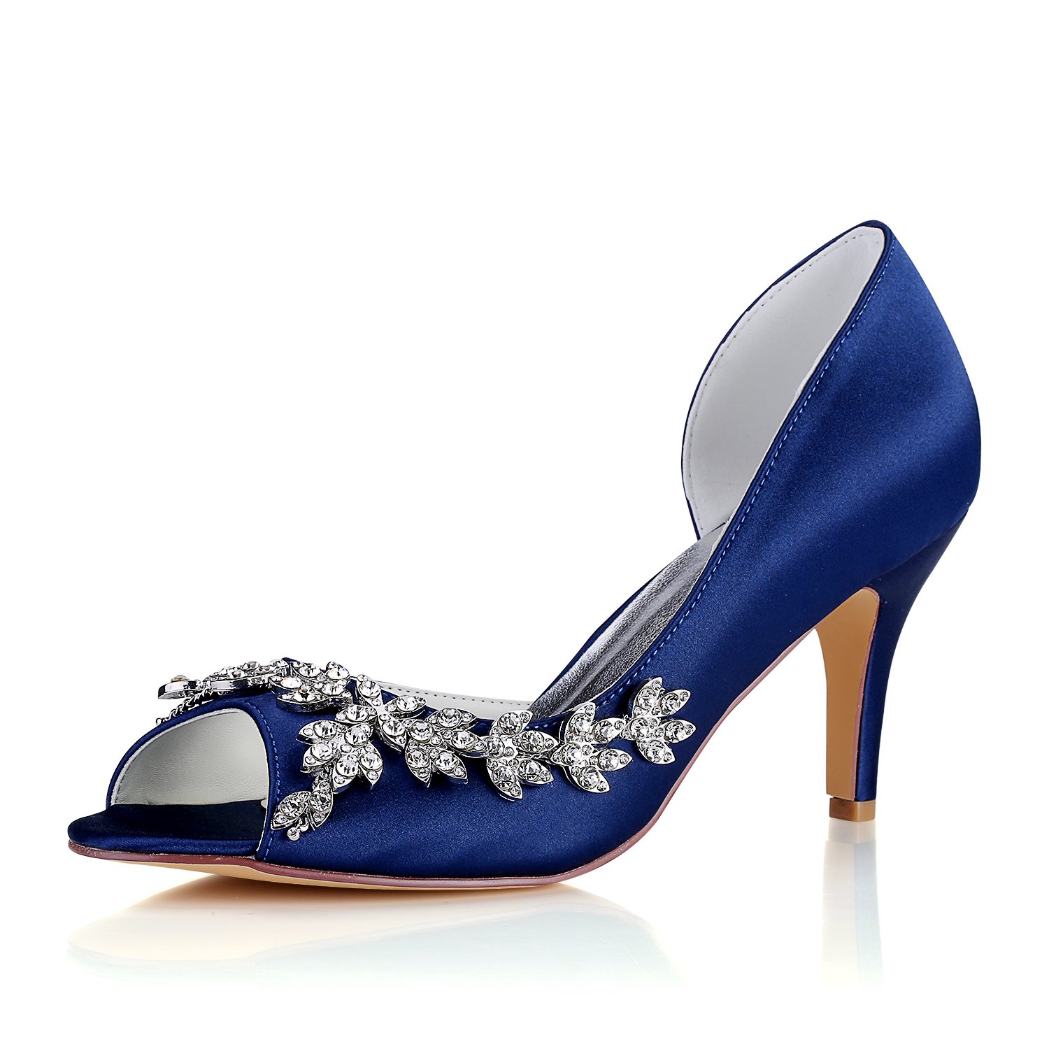 Emily Bridal Wedding Shoes Deep Blue Mother Shoes Silk Peep Toe Rhinestones Wedding Guest Shoes High