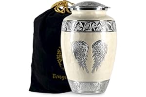 Evergreen Memorials Large Handcrafted Angel Wings Urn for Ashes,10.5 Inches Tall, with Velvet Bag, for Burial & Decoration & Funeral (Pearl White, Large)