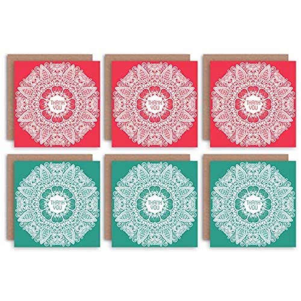 Wee Blue Coo Thank You Cards x6 Mandala Pattern Green Red Set (2 Designs) _CS