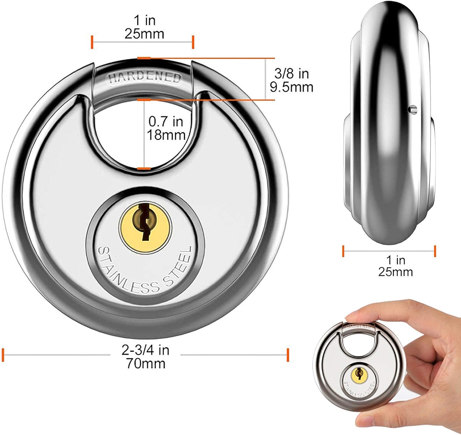 Puroma Keyed Padlock, Stainless Steel Discus Lock with 3/8-Inch Shackle for Sheds, Storage Unit, Garages and Fence - - 