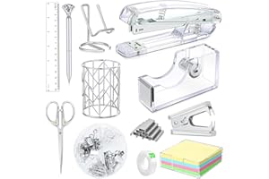 FAMASSI Office Desk Accessories, Acrylic Stapler, Staple Remover, Tape Holder, Pen Holder, Ballpoint Pen, Scissor, Binder Clips, 1000pcs Staples, Phone Holder, Ruler, Transparent Glue and 300 Notes