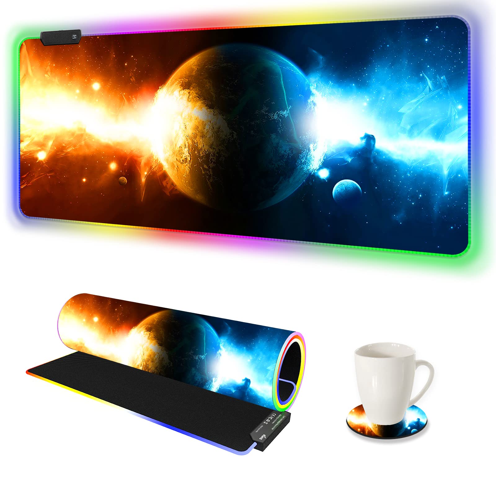 ARTSO RGB Gaming Mouse Pad Large, Extended LED Mouse Mat XXL 35.4x15.7 inch, 14 Lighting Modes, 2 Brightness, Non-Slip Rubber Base Mousepad Waterproof Keyboard Mat,Universe Space Starry Sky