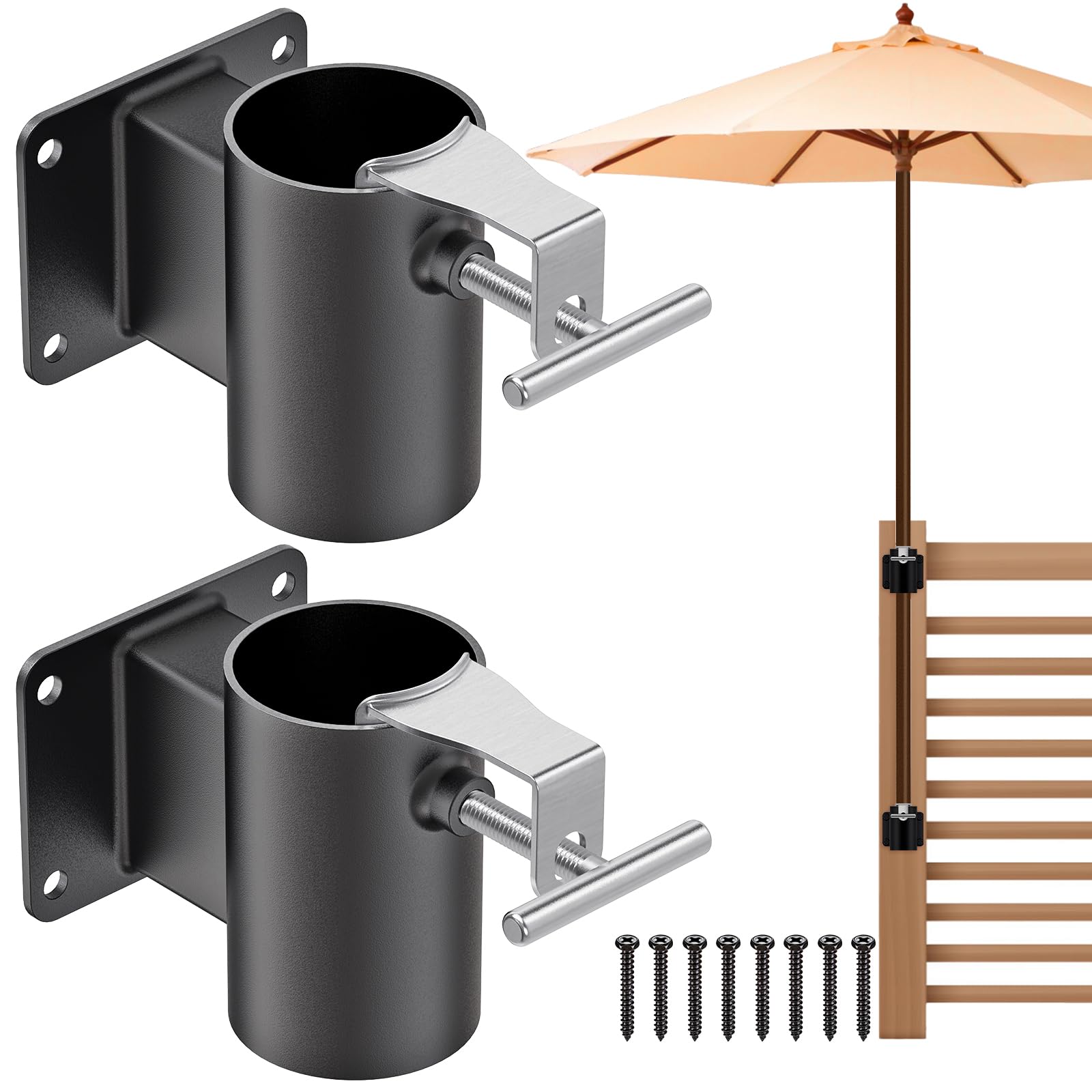 Lifeswell Patio Umbrella Holder Clamp Balcony Parasol Stand Fixed for 1-2 Inch Poles, Garden Backyard Deck Railing Post Flat Wall Mount Brackets for Outdoor Clip on Fences Bench Courtyard Tailgates