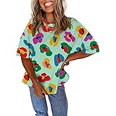 Astylish Women 2026 Abstract Print Blouses Casual Short Sleeve Crewneck Chic Boho Tops Loose Fit Flowy Tunic