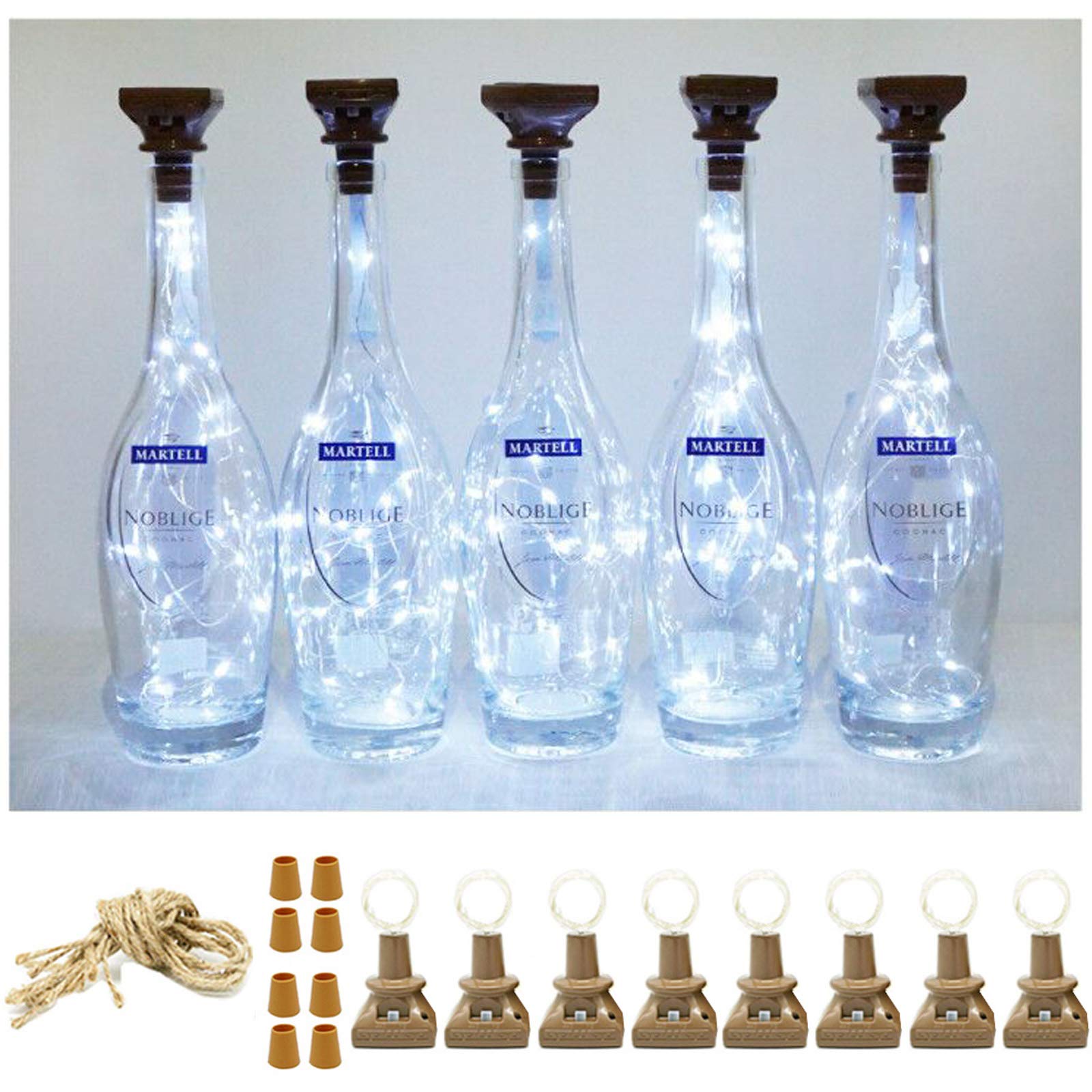 Square 8 Pack Solar Powered Wine Bottle Lights, 20 LED Waterproof Copper Cork Lights for Wedding, Christmas, Holiday, Garden, Patio, Pathway, Outdoor (Cool White)
