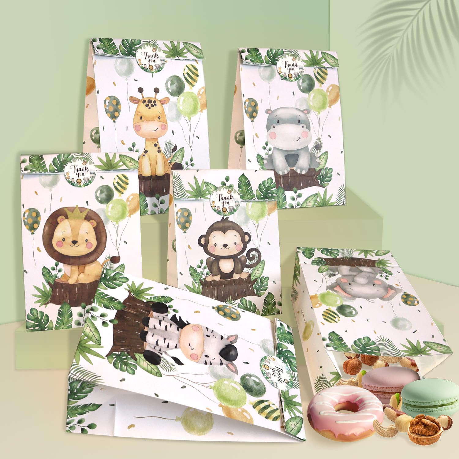 Heboland 24 Pack Jungle Party Bags, Wild One Birthday Decorations Safari Animal Kids Party Bags with 30 Stickers Baby Showe Gift Bag Kraft Paper Bag Children's Small Gift Bag Filler