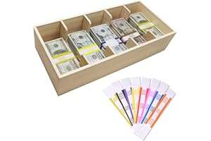 Mczxon Wooden Currency Money Cash Tray With 300 Currency Wrappers, 5 Compartment Wooden Cash Money Currency Organizer Storage Change Box Case for Cash, Moneyboxes Currency Holder Cash for Money
