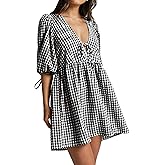 PINUPART Women's Gingham Puff Sleeve Tie Front Babydoll Mini Dress
