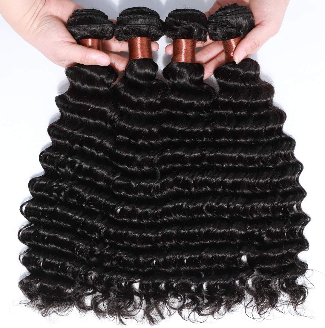 Angie Queen Virgin Human Hair Extensions Weaves Wefts Unprocessed Brazilian Virgin Hair Deep Wave 4 Bundles 18 20 22 24 inch (100+/-5g)/bundle Nature Black Color Can be Dyed and Bleached