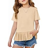 Haloumoning Girls Short Sleeve Shirts Kids Cute Pleated Hem T-Shirts Summer Fashion Tops Tees 5-14 Years
