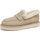 BEAU TODAY Fur Lined Platform Loafers for Women,Chunky Winter Shoes for Women,Slip-on Leather Retro Penny Loafers,Comfortable Work Office Casual Dress Boots