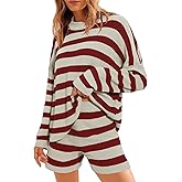 Balimtoy Women Striped Sweater Set Oversized Lounge Set Matching Pajama Sets Knit Long Sleeve 2 Piece Shorts Fall Outfits