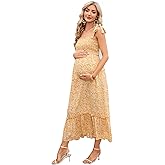 FUNJULY Maternity Smocked Summer Casual Dress Spaghetti Strap Sleeveless Ruffle Boho Swing Maxi Dress Baby Shower Photoshoot