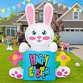 COMIN 5.2 FT Tall Easter Inflatables Rabbit Hold Flower Sign Outdoor Decorations Blow Up Yard with Built-in LEDs for Indoor Party Garden Lawn Decor