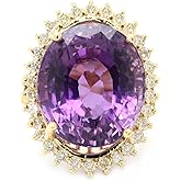 LAWSONS FINE JEWELRY Luxury 14K Yellow Gold Oval Amethyst and Diamond Ring, 20.73ct Purple Amethyst with 30 Natural Round Brilliant Diamonds, Halo Setting