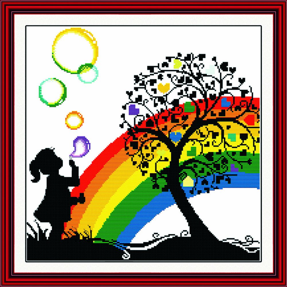 Benway Counted Cross Stitch Little Girl Playing with Colorful Bubbles Under The Heart Tree 14 Count 40x40 cm
