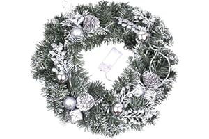 MUISED Lighted Christmas Door Wreath Outdoor 16 inch Silver Christmas Ball Wreath for Front Door Battery Pperated Wreath Christmas Wreath Door Inside Christmas Decorations for Home Gifts New Year Xmas Decor
