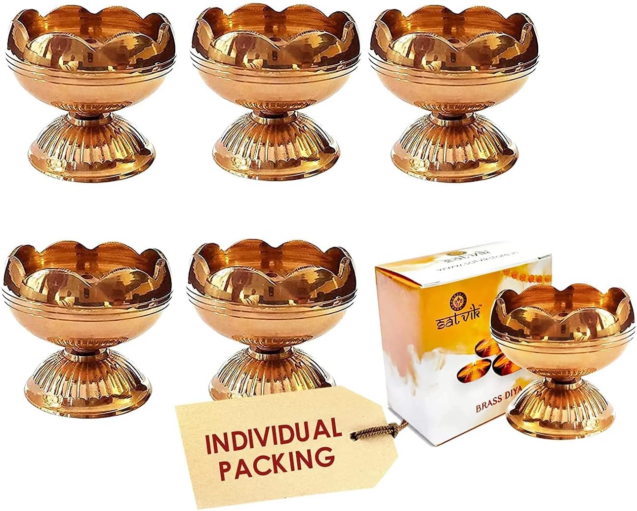 Oil Lamps & Accessories - SATVIK 10 Pc Brass Diya (Big) for Diwali Decoration. Handmade Oil Lamp with Golden Engraved Made of Virgin Brass Metal. Diwali Diya Vilakku for Puja Pooja. Traditional Indian Deepawali Gift Items