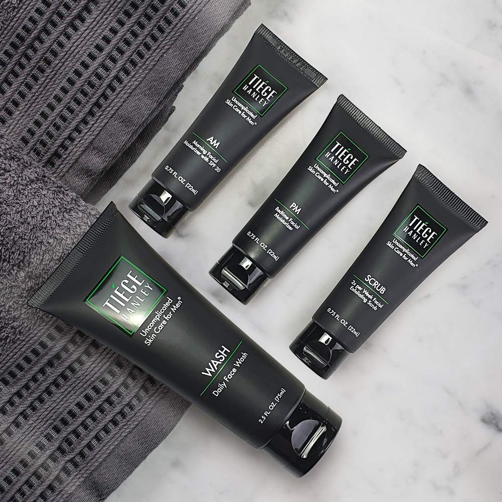 Tiege Hanley Men’s Skin Care System - Level 1 | Mens Routine Product Set: Face Wash, Morning Moisturizer, Exfoliating Face Scrub, Night Moisturizer | Cleanse, Tighten & Hydrate Your Best Looking Skin: Clothing