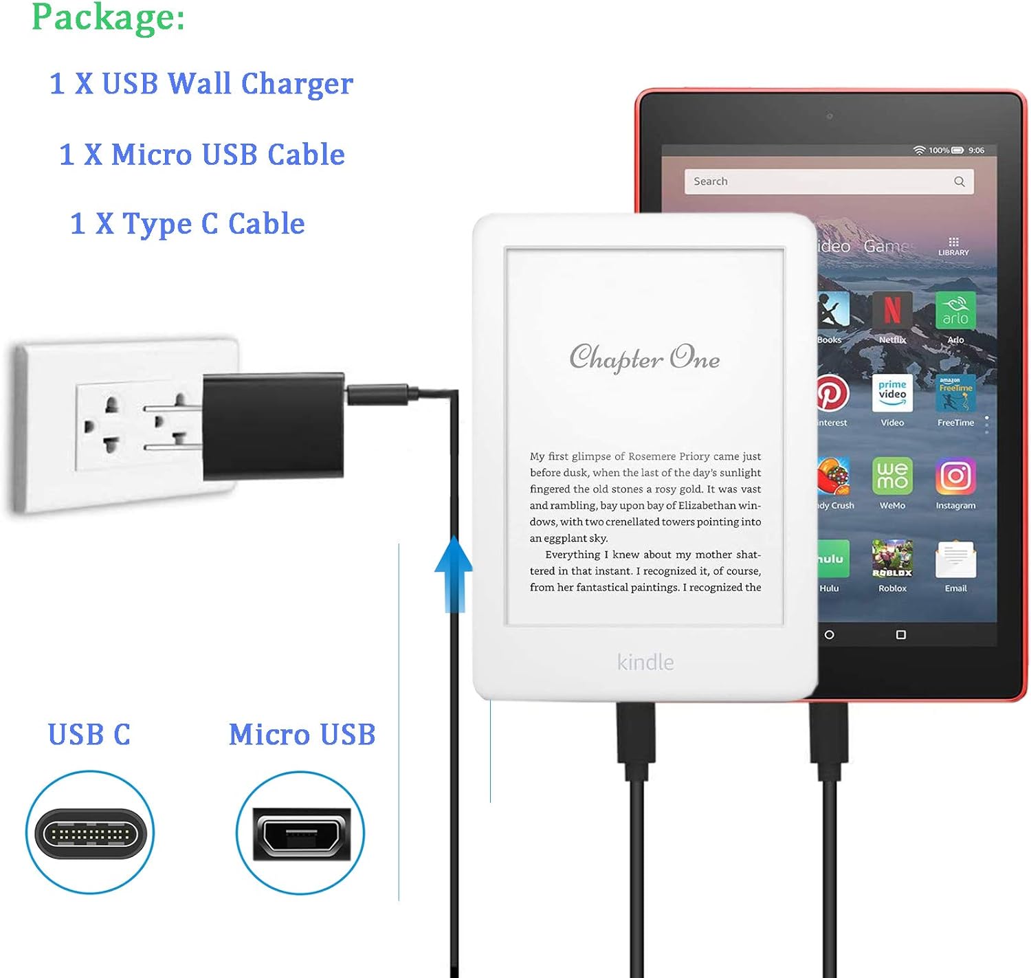 Kindle Fire Charger [UL Listed] Compatible for  Kindle Fire 7 HD 6 7 8 10 Tablet and Fire 8 Plus,Kids Edition Kindle Fire HD HDX 7” 8.9” with 5FT Charging Cable Cord: Electronics