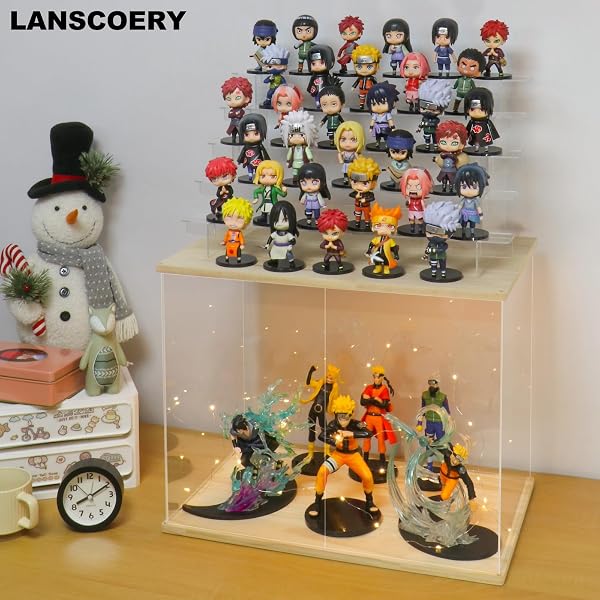 LANSCOERY LED LIGHTED ACRYLIC DISPLAY CASE, 6 TIER DISPLAY BOX FOR COLLECTIBLES AND ACTION FIGURES, CLEAR DUSTPROOF ORGANIZER WITH WOODEN BASE – 22.8X11.9X14.7INCH