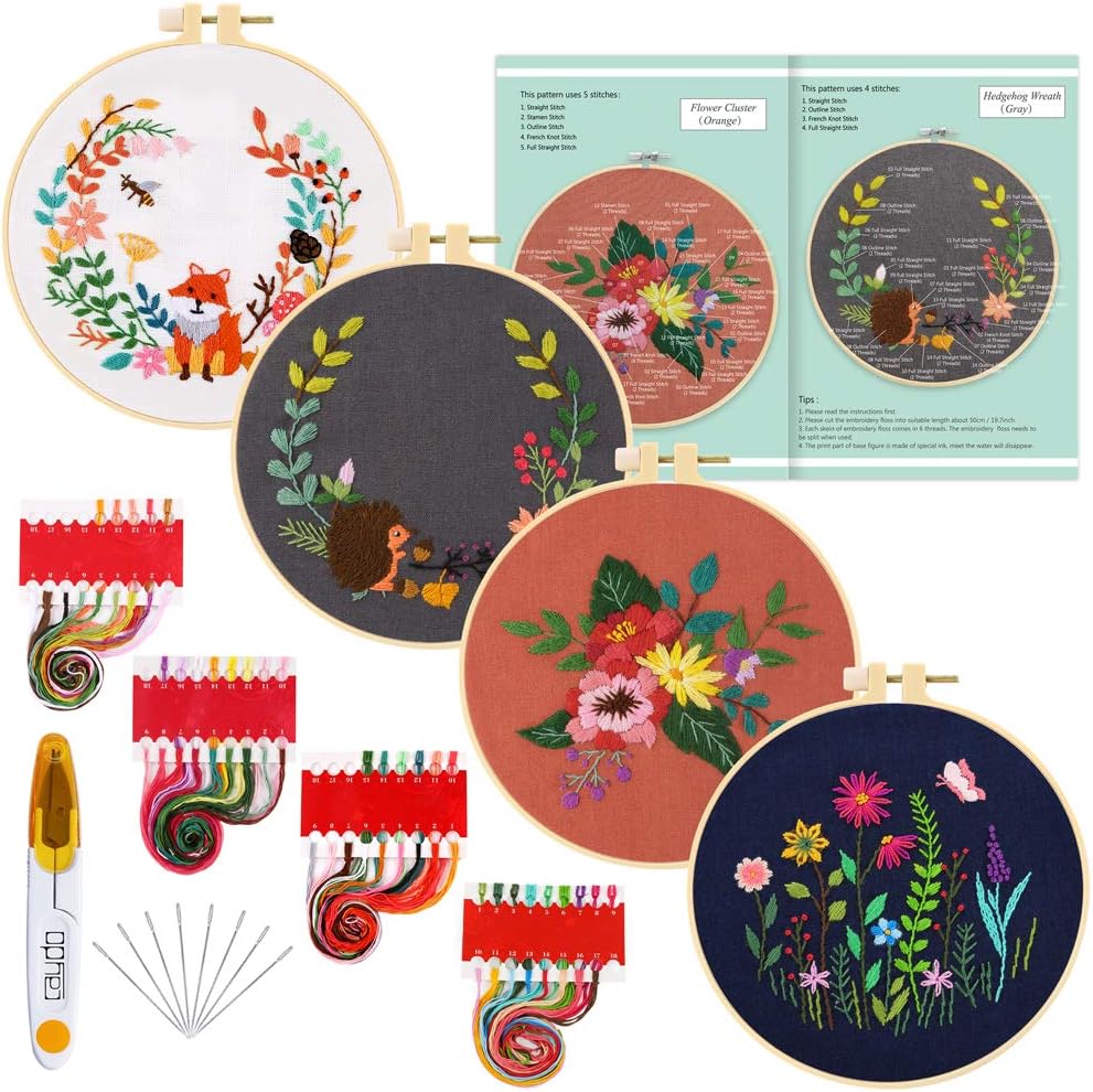 Caydo 4 Sets Full Range of Embroidery Starter Kit with Pattern and