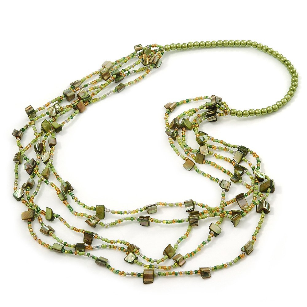 Avalaya Multistrand Lime Green/Olive Shell/Glass Bead Long Necklace/ 80cm L